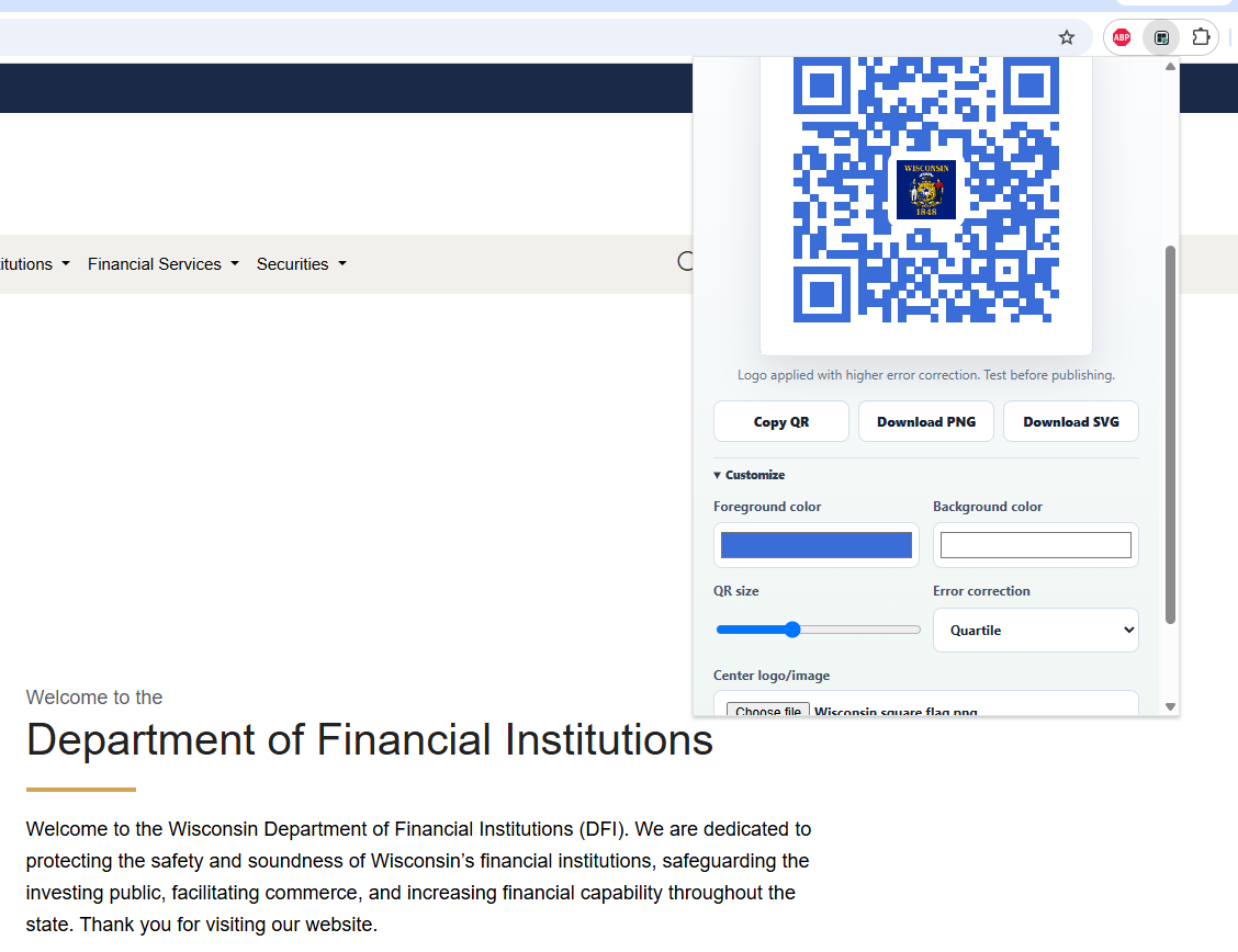 Prontsy QR creating a custom blue QR code with a centered image.